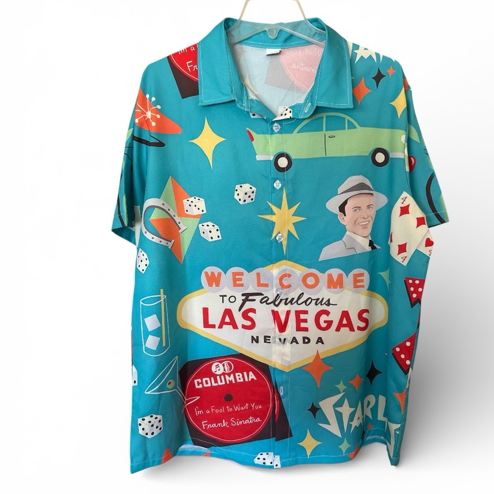 Vintage Retro Frank Sinatra Las Vegas Graphic Button-Down Shirt Colorful Print